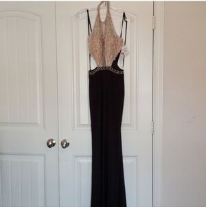 knee length dresses for ladies Sherri Hill 55927 - Metallic Bustier Prom Gown 000 / Navy main image 0